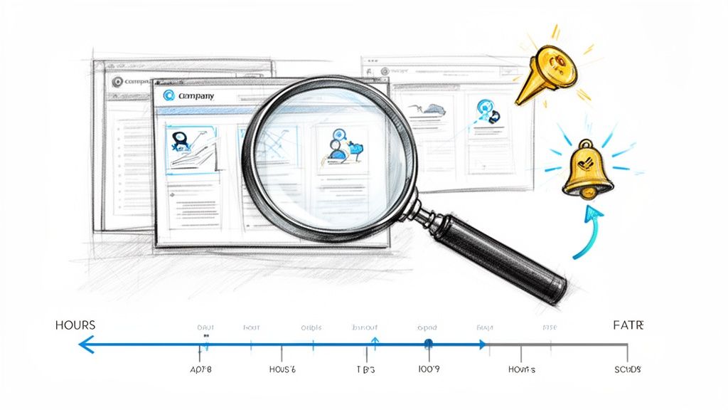 Sketch of a magnifying glass examining company data in browser windows, with a timeline and alert icons.