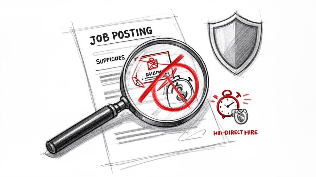 Magnifying glass over job posting, crossing out application and time/cost issues, emphasizing secure direct hire.