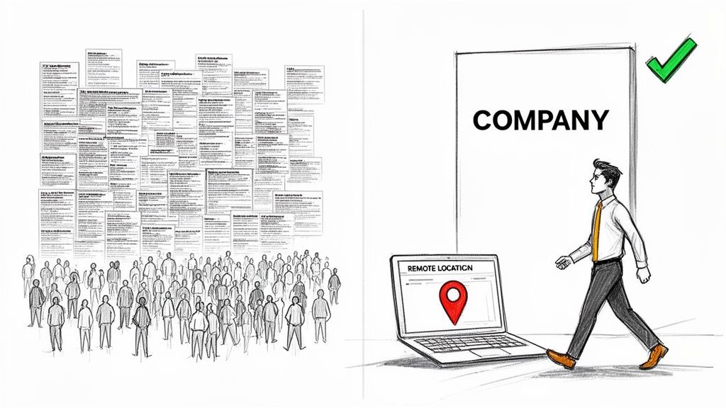 Illustration of a man getting a direct hire remote job, bypassing a large pool of traditional candidates.