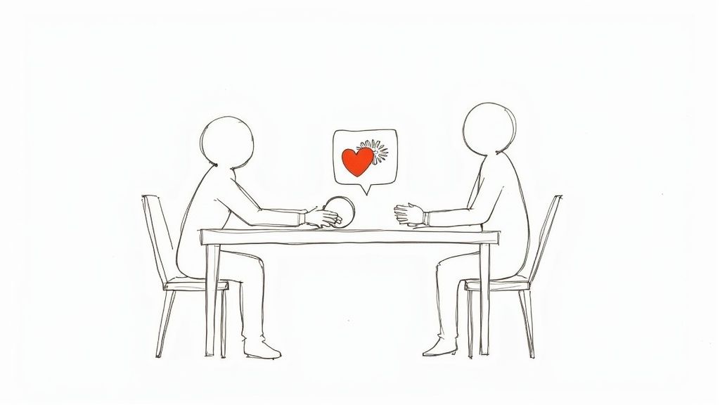 An interviewer and a candidate sitting at a table discussing interview questions.