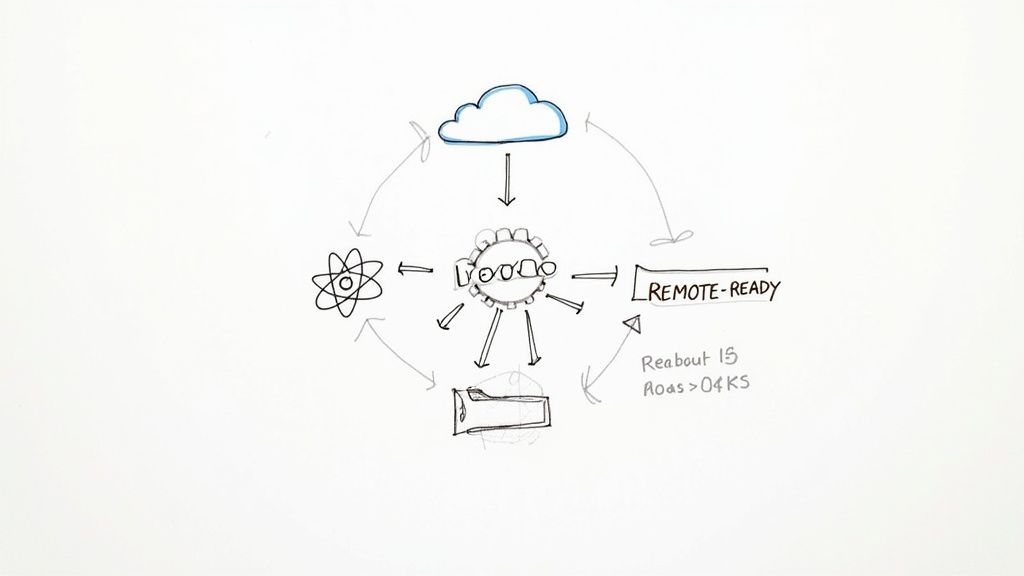 A software engineer coding on a laptop, surrounded by icons representing different tech skills like cloud computing and programming languages.