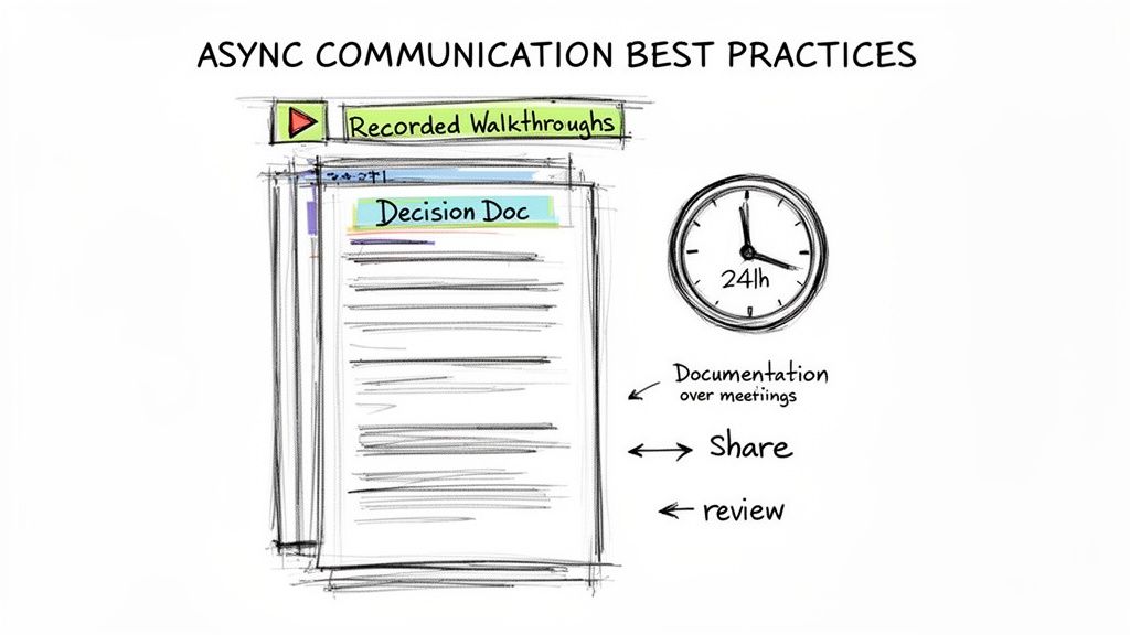 Illustrates async communication best practices with recorded walkthroughs, decision documents, and emphasizing documentation, sharing, and reviewing.