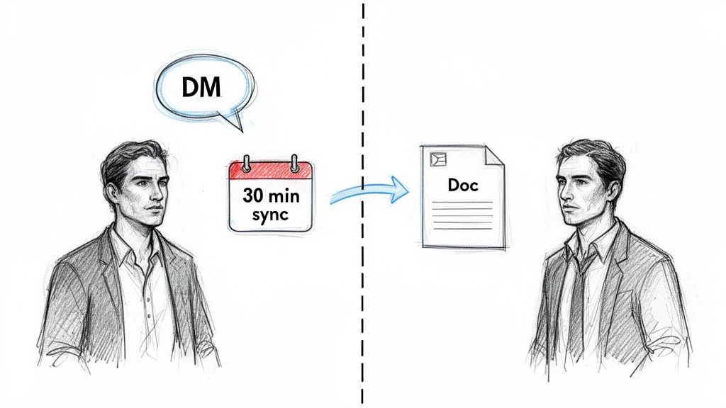 A sketch illustrating a communication workflow from direct messages and 30-minute syncs to a document.