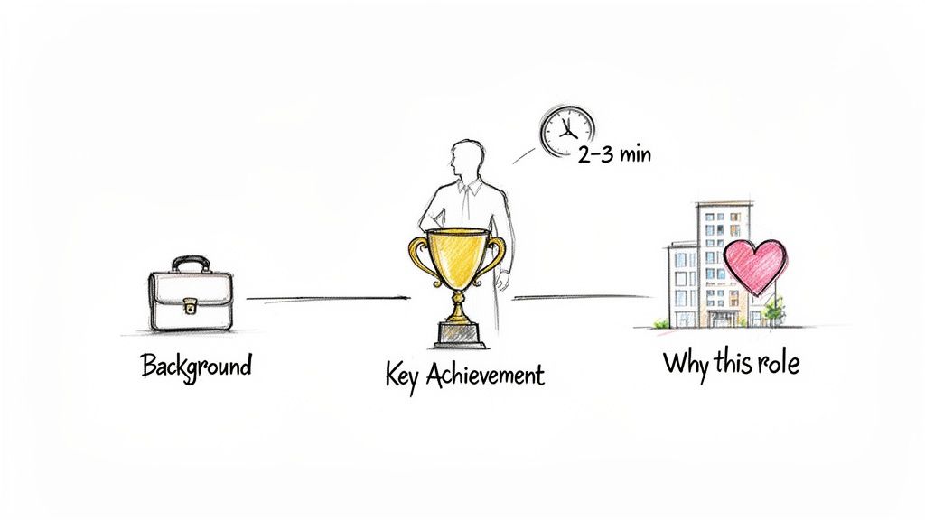 An illustrated guide for an interview or pitch, covering background, key achievements, and role motivation within 2-3 minutes.