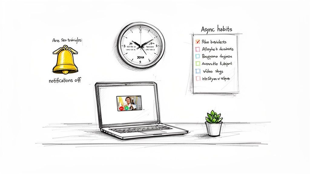 Sketch of a desk with a laptop on a video call, a clock, bell, and a checklist of async habits.
