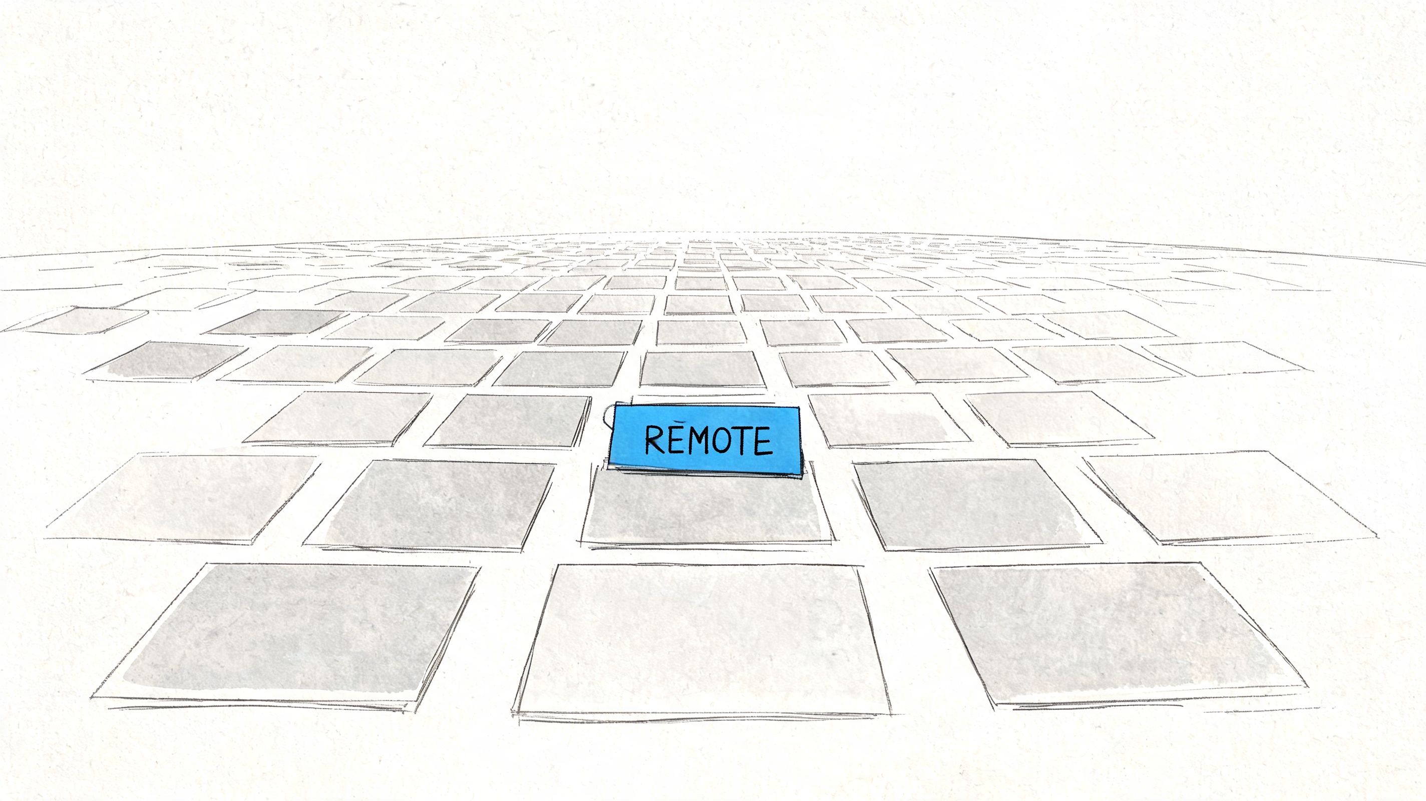 A minimalist sketch of a blue square labeled remote standing out among many gray floor tiles.