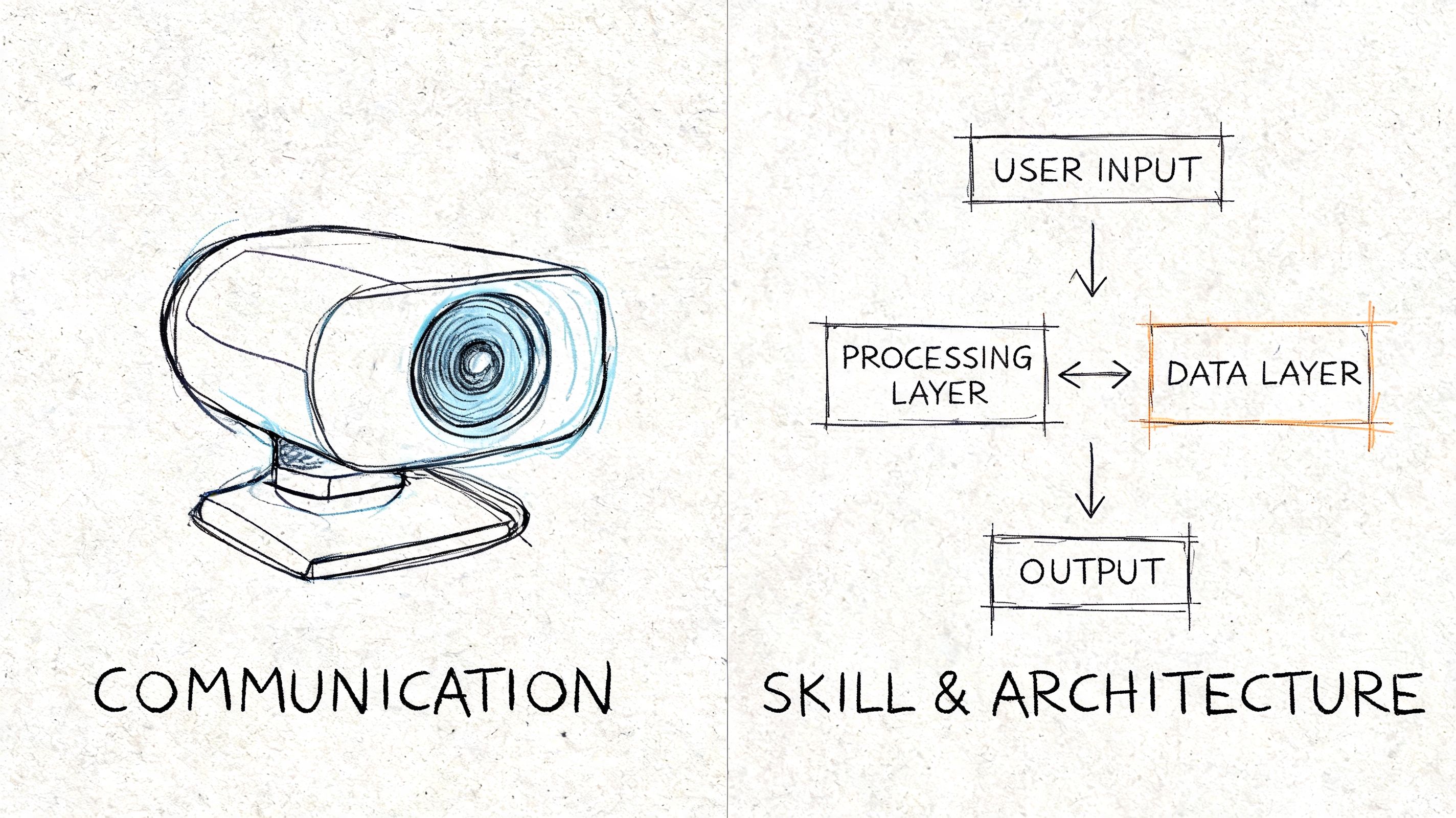A hand-drawn illustration showing a webcam and a diagram of system architecture components labeled for software engineering.