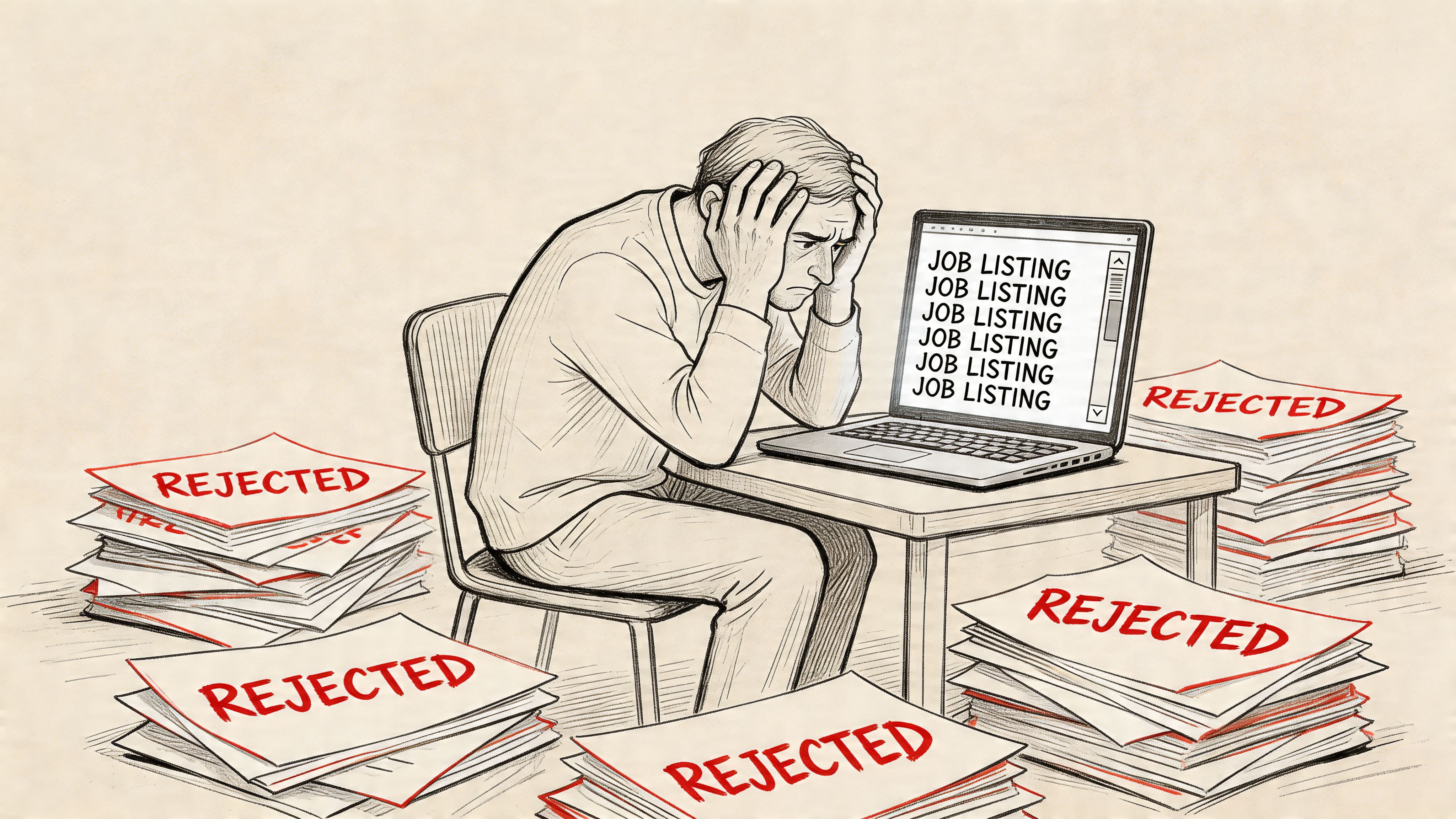Stressed job seeker sitting at a desk surrounded by piles of rejection letters while looking at job listings.