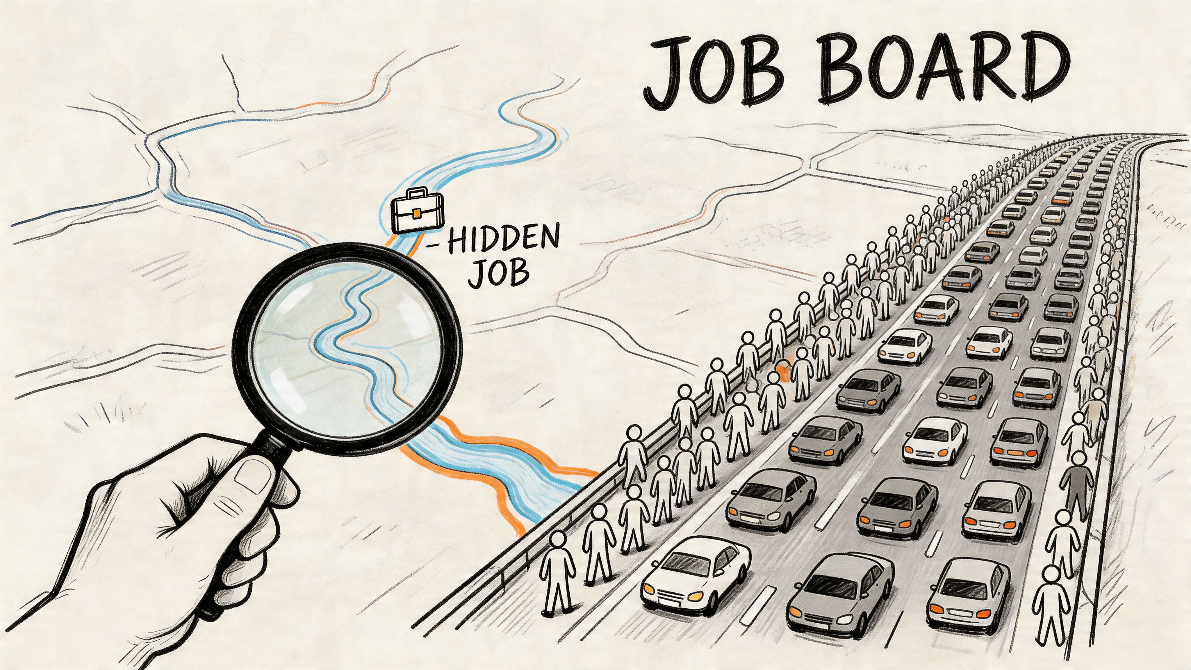 An illustration showing job seekers in a traffic jam versus finding hidden opportunities via a magnifying glass.