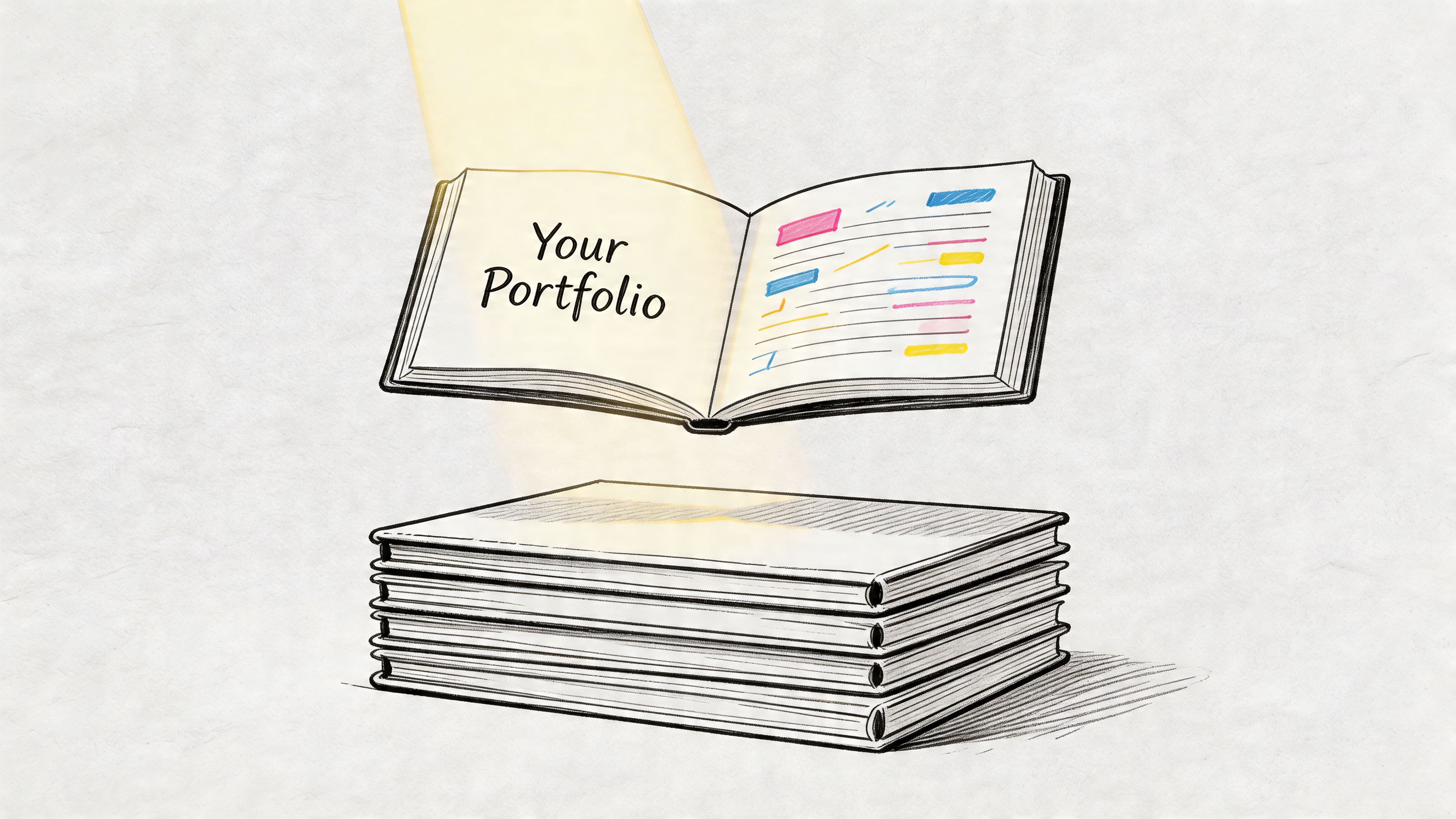 An open book titled Your Portfolio floating above a stack of several closed professional books.