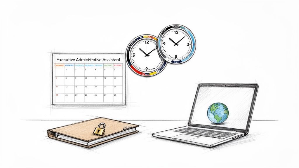 A sketch of an executive administrative assistant’s tools including a calendar, clocks, secure notebook, and a laptop with a globe.
