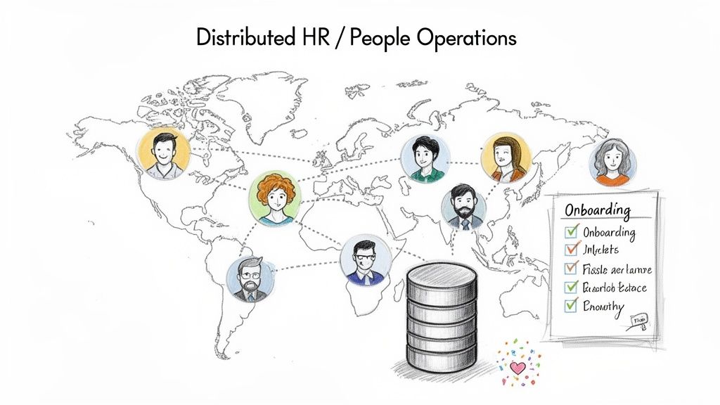 A world map illustrating distributed HR/People Operations with connected employee avatars and an onboarding checklist.