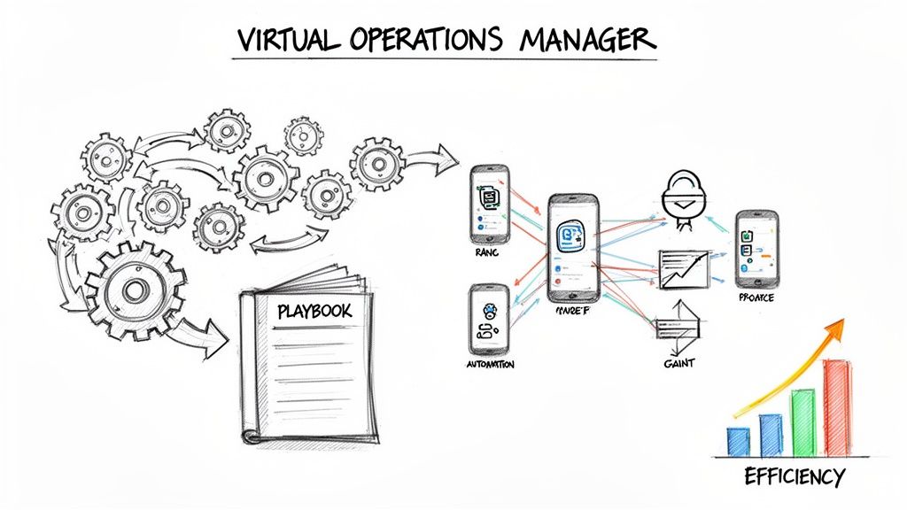 Diagram showing virtual operations management concepts, connecting process automation, mobile apps, and efficiency growth.