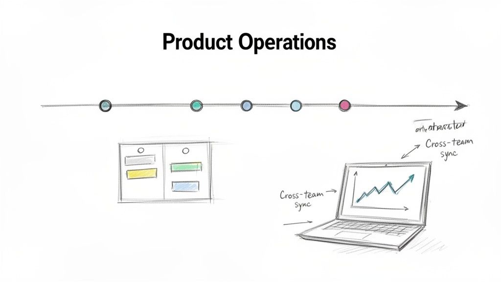 A sketch illustrating Product Operations with a timeline, a kanban board, and a laptop showing an upward trend graph, emphasizing cross-team sync.