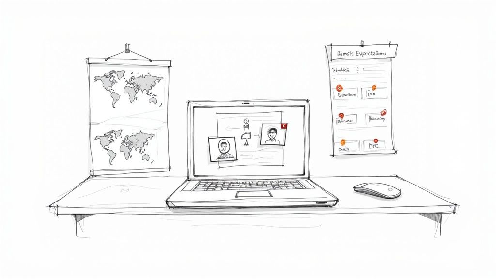 A person working from a comfortable home office, with a laptop, second monitor, and a cup of coffee.