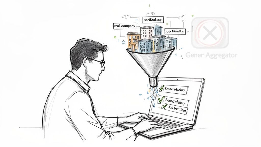 A person uses a laptop as job listings from various companies are filtered through a funnel.