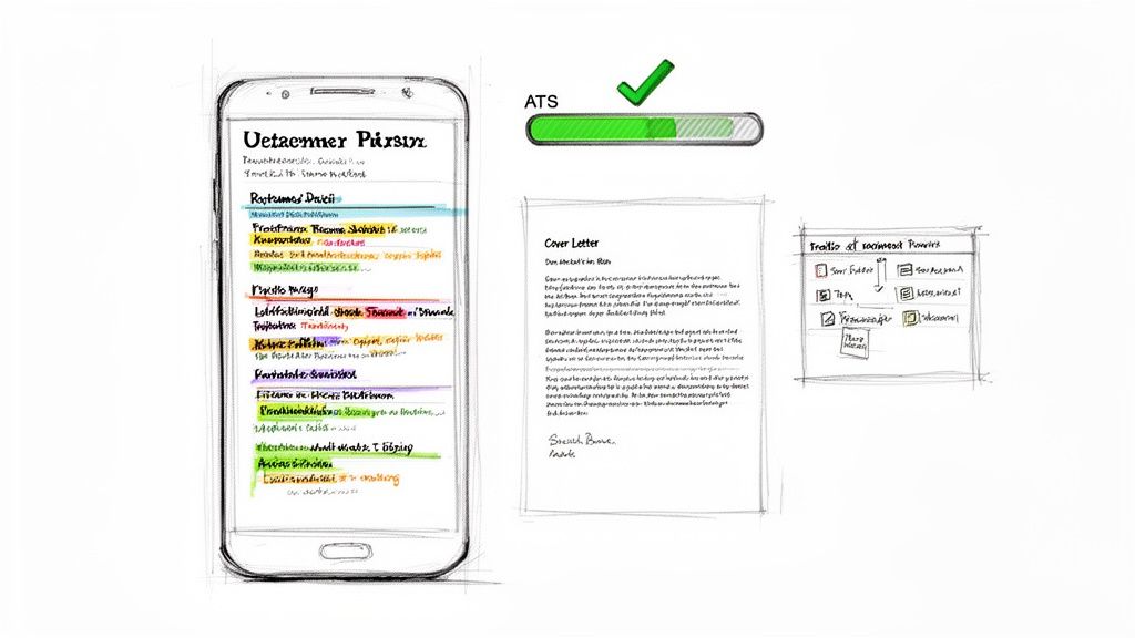 A sketch illustrating a digital job application process with a smartphone, ATS progress bar, cover letter, and document traits.