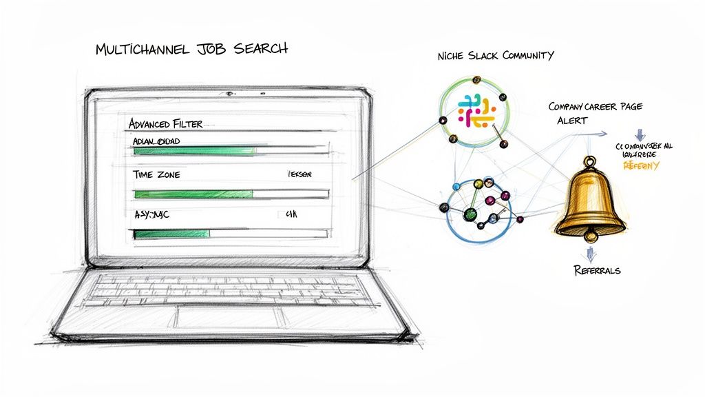 Diagram showing a multichannel job search connecting advanced filters on a laptop to Slack communities and career page alerts for referrals.