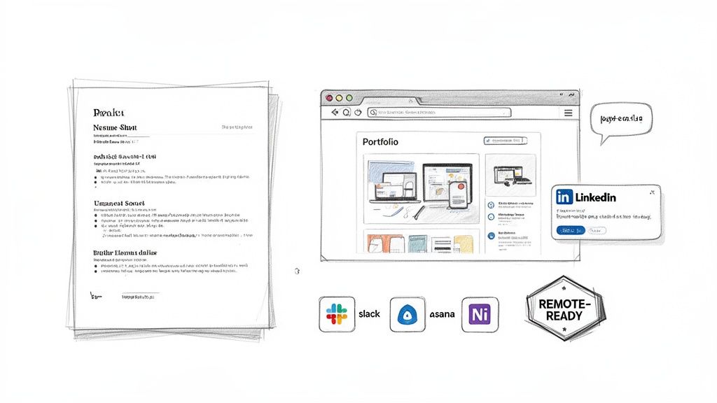 Sketch illustration of a resume, online portfolio, LinkedIn, and remote work tools.