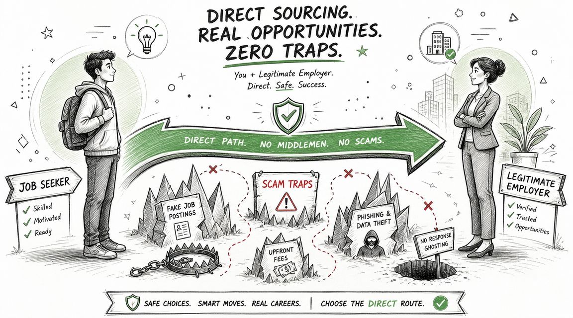An illustration showing a job seeker avoiding traps like fake postings and scams by choosing a direct path.