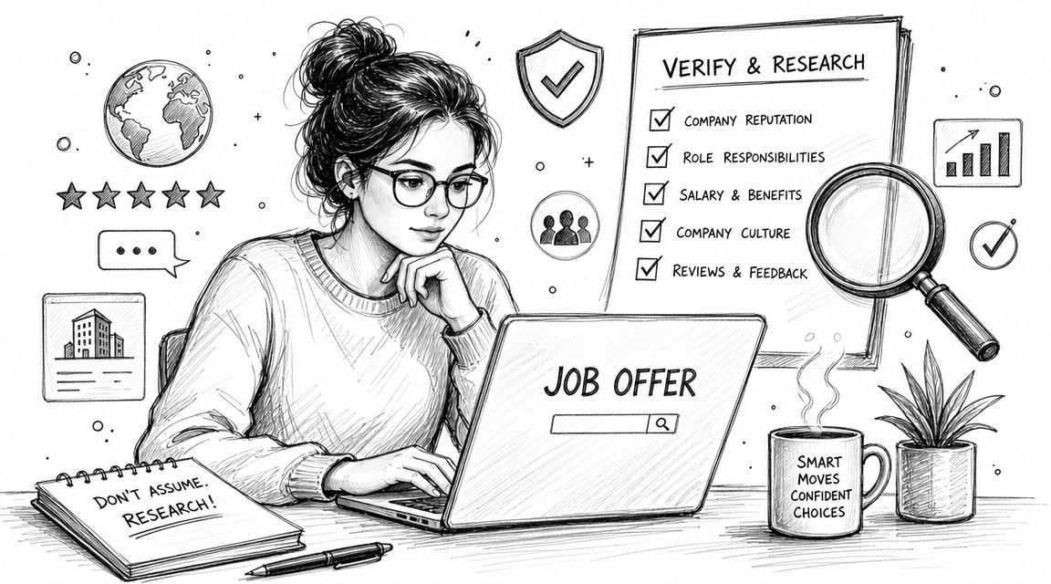 A woman researching a job offer on her laptop to avoid potential fraud in career opportunities.