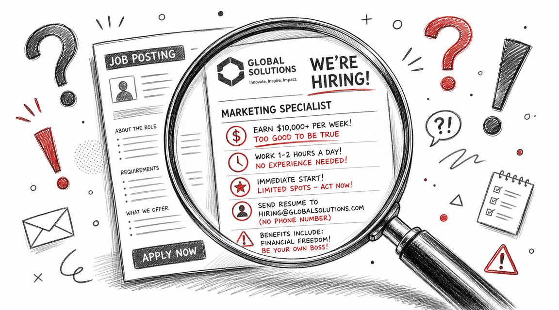 A magnifying glass inspecting a fraudulent job posting that displays unrealistic promises and common scam indicators.