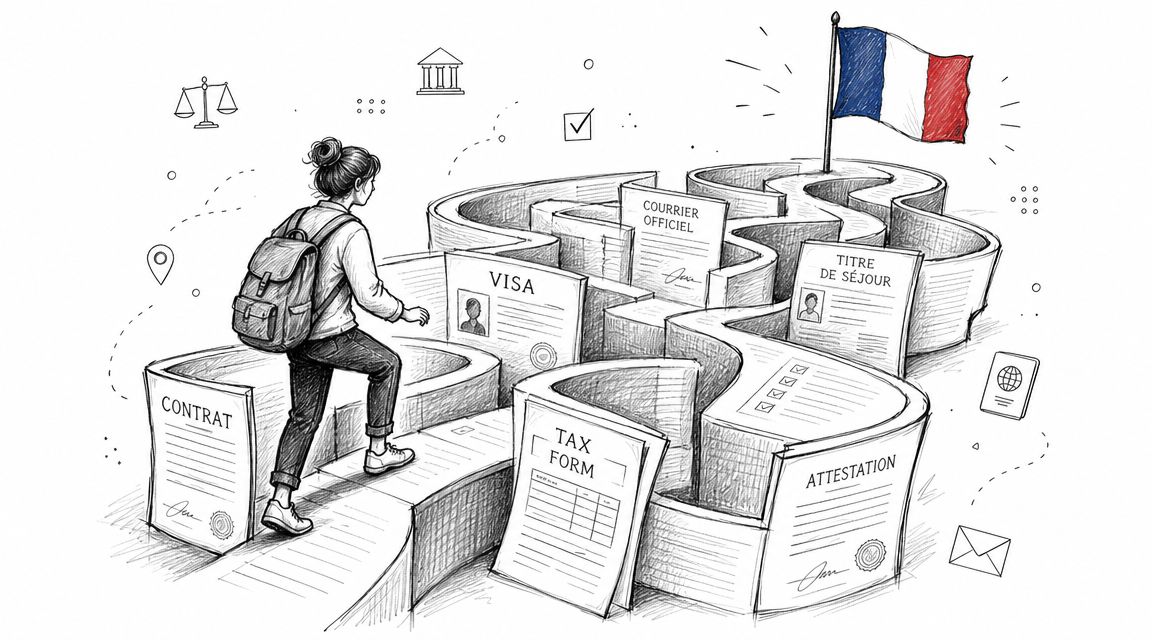 A student walking through a paper maze representing the complex bureaucracy of moving to France for work.