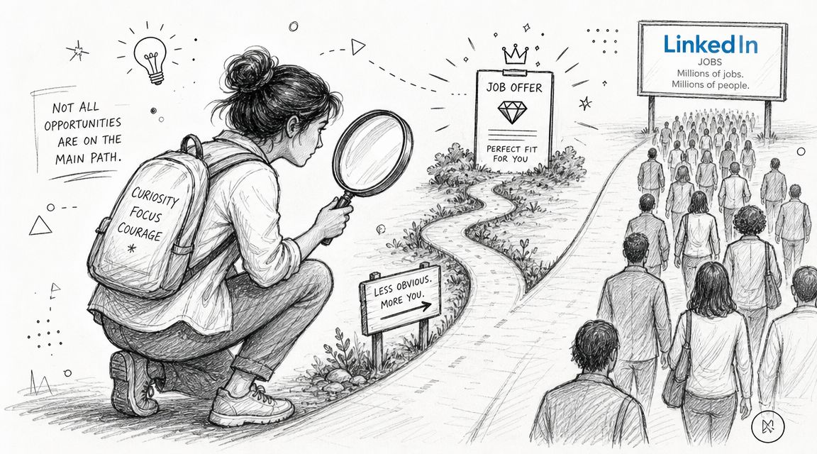 A person looking through a magnifying glass at a sign pointing toward an alternative career path.