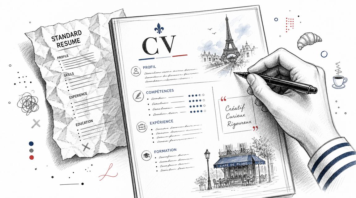 A hand drawing a stylized French-themed resume with illustrations of the Eiffel Tower and a Paris cafe.