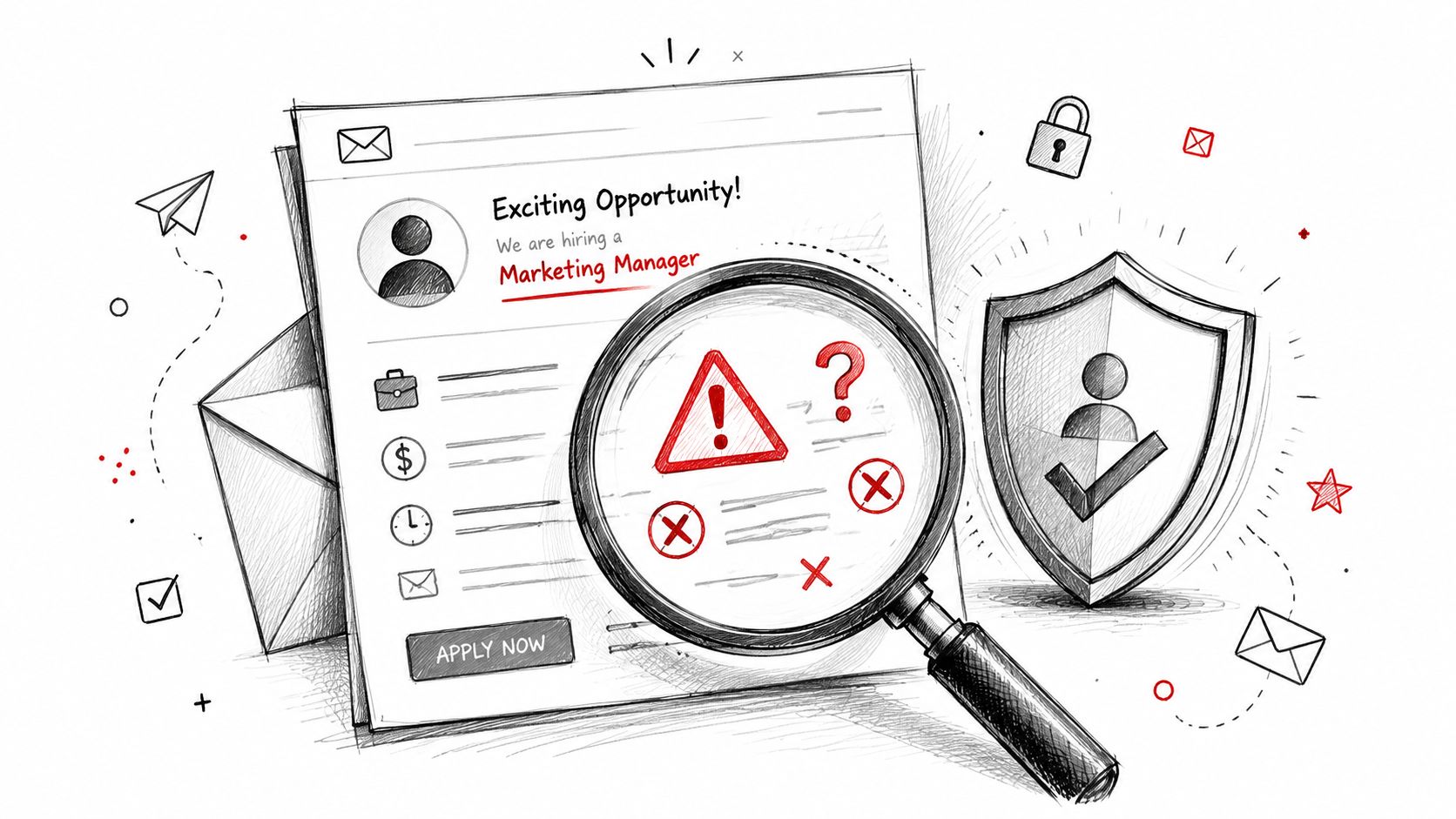 A conceptual sketch illustrating the risks of phishing in online job recruitment and marketing manager job postings.