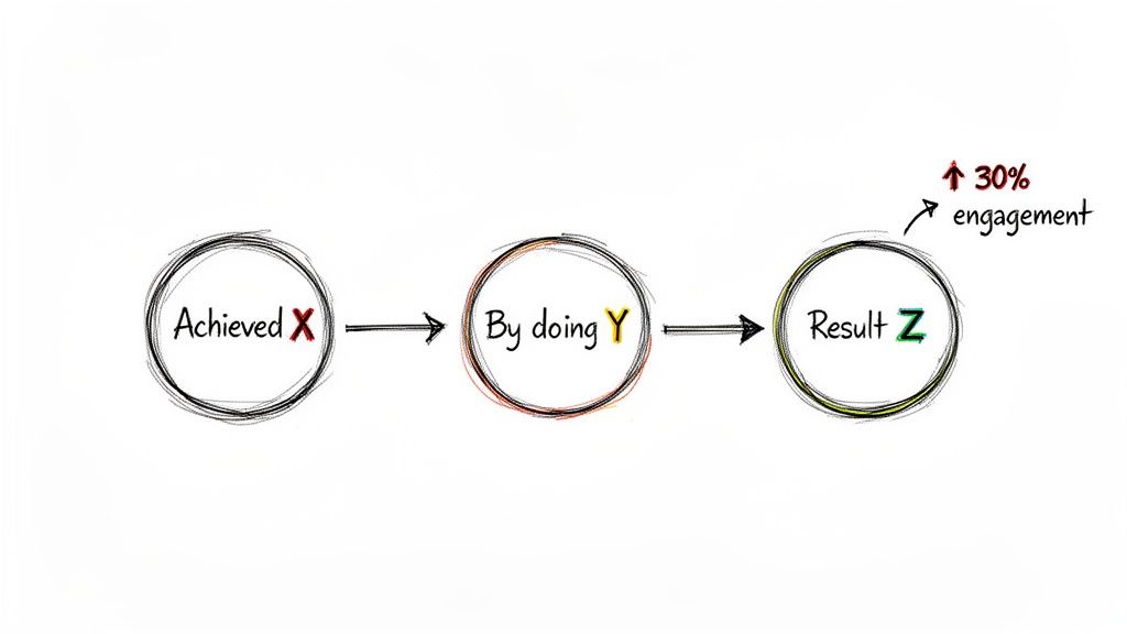 Hand-drawn diagram illustrating achieving X by doing Y, leading to Result Z and a 30% engagement boost.