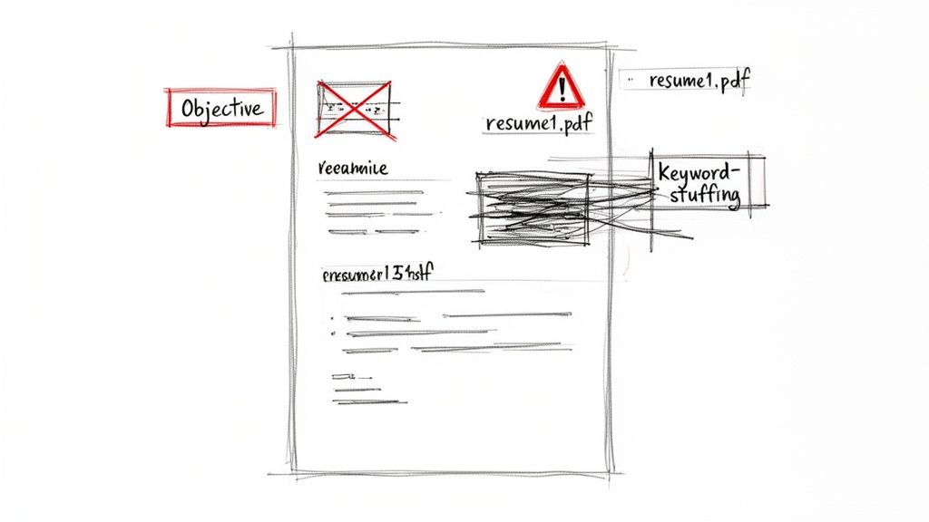 Sketch of a resume illustrating common mistakes like objective statements, keyword stuffing, and problematic file names.