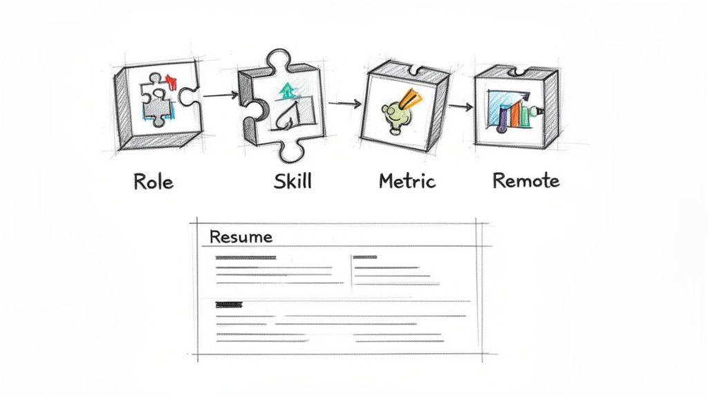 A visual diagram showing the flow from role, skill, metric, to remote work, with a resume template below.