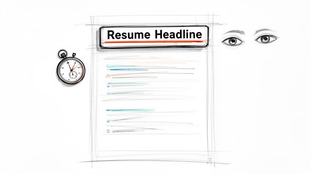 Sketch of a resume with ‘Resume Headline,’ a stopwatch, and eyes, symbolizing quick review.