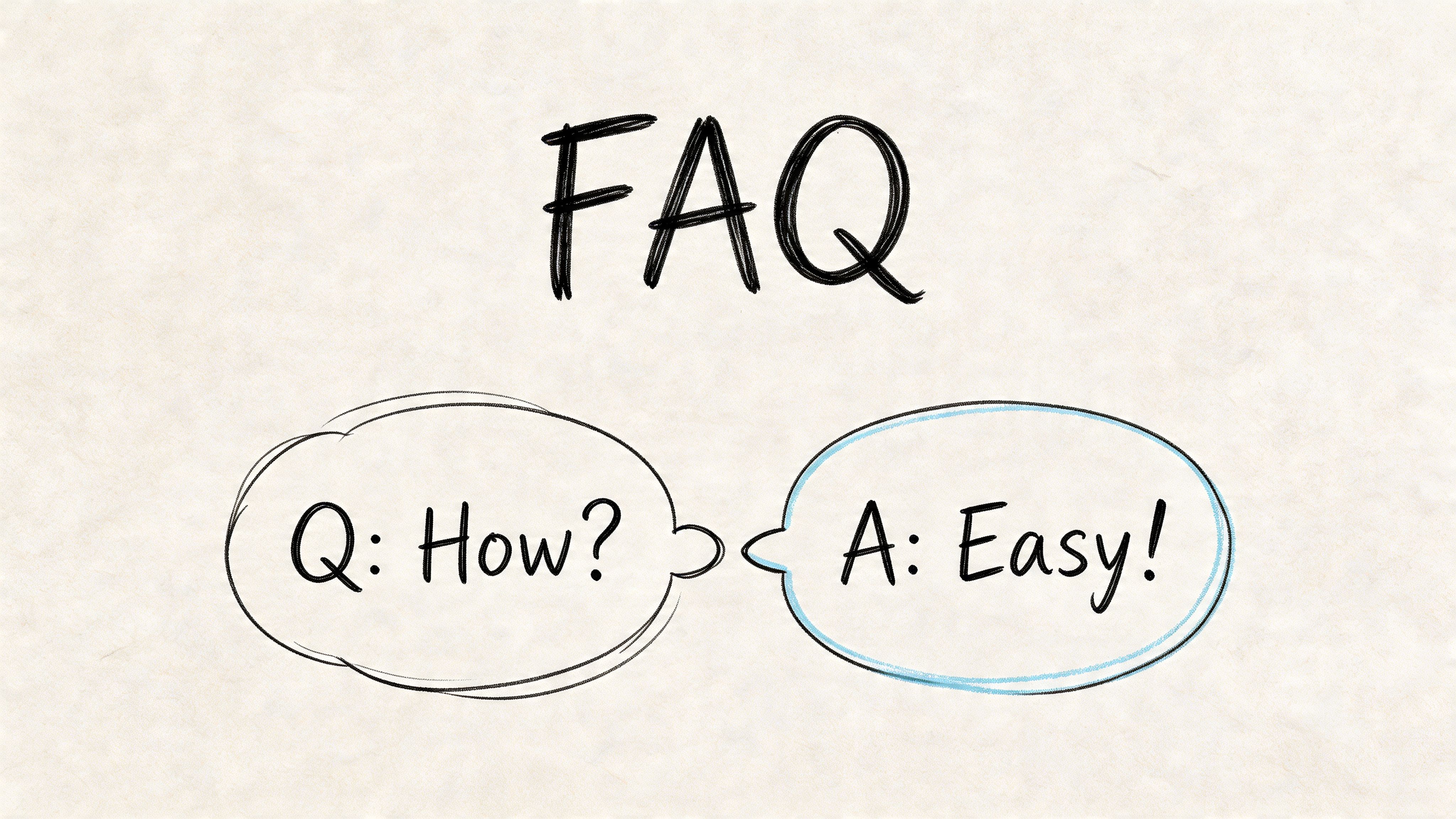 A hand-drawn style graphic with the title FAQ and speech bubbles containing Q How and A Easy.