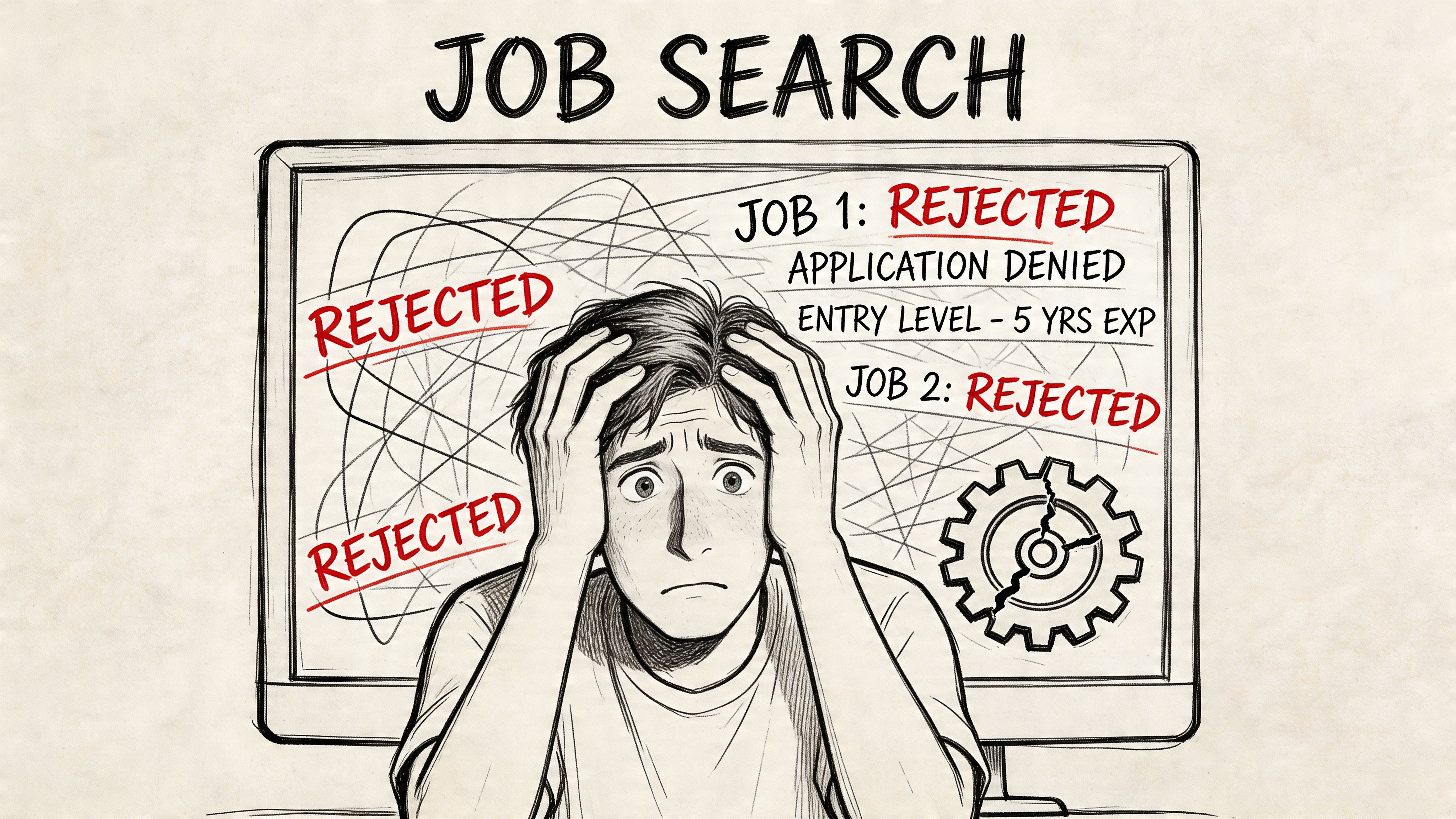 A distressed job seeker holds his head in front of a computer screen showing multiple job rejections.