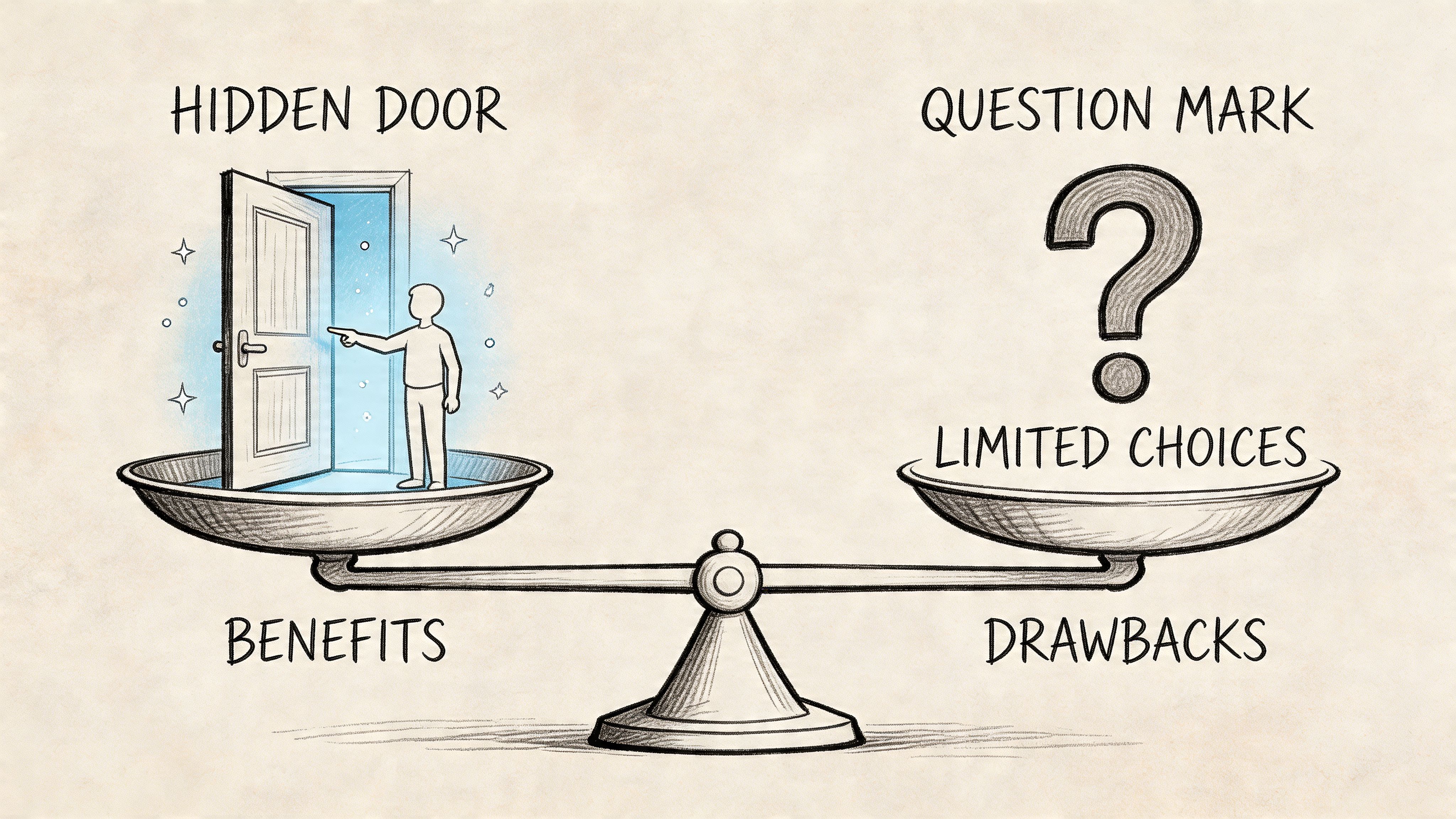 A scale weighing a hidden door with benefits on one side and limited choices on the other.