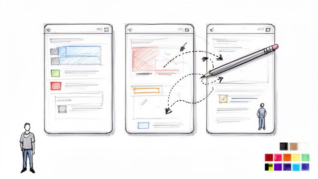 Hand-drawn mobile app screen sketches illustrate a UI/UX design workflow with a pencil.