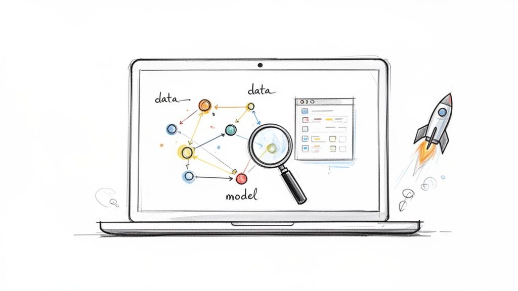 Sketch of a laptop displaying a data model and analytics, with a rocket launching.