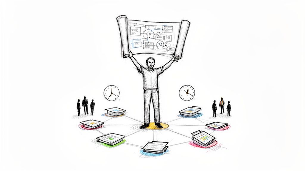 A detailed sketch of a man holding a large plan, surrounded by documents, clocks, and team members, illustrating project management.