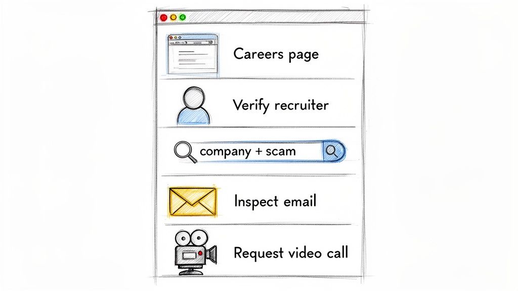 Five illustrated steps to avoid job scams, including verifying recruiters, inspecting emails, and requesting video calls.
