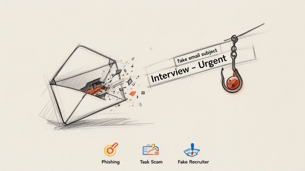 Illustration of a phishing email titled ‘Interview - Urgent’ breaking from an envelope, highlighting job scams.