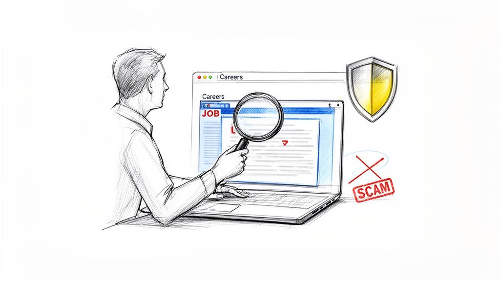 Sketch: Person uses magnifying glass on laptop job search, with shield and crossed-out ‘SCAM’ stamp.