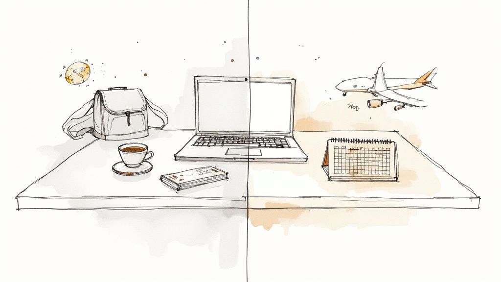 A desk with a laptop, backpack, coffee, airplane, and calendar, illustrating a digital nomad’s life.