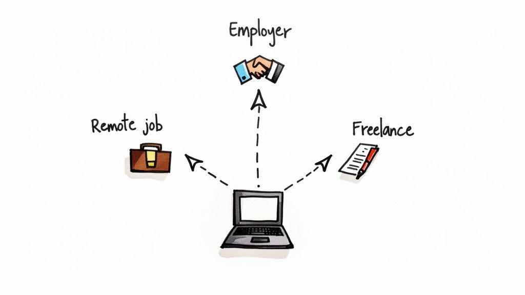 Diagram illustrating a laptop connecting to remote jobs, direct employers, and freelance opportunities.