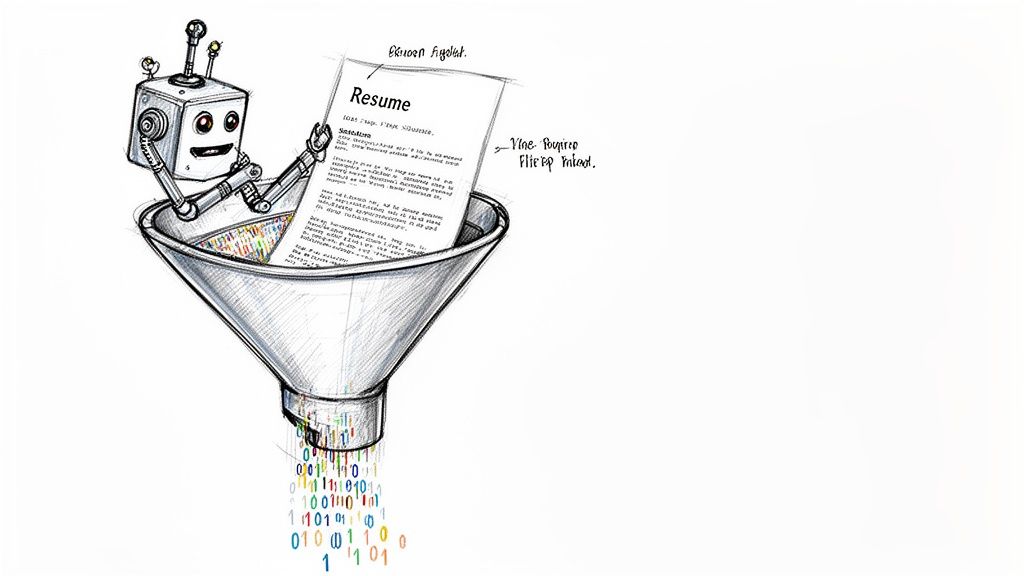 A friendly robot feeds a resume into a funnel, converting it into digital binary data.