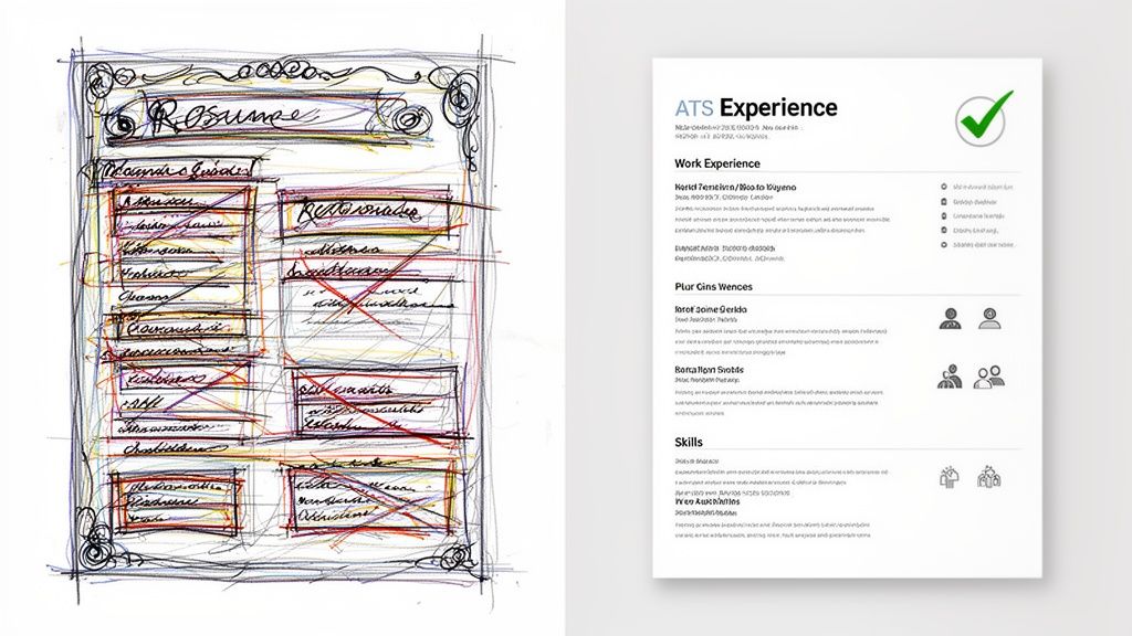 A messy handwritten resume draft next to a clean, ATS-optimized digital resume with a green checkmark.