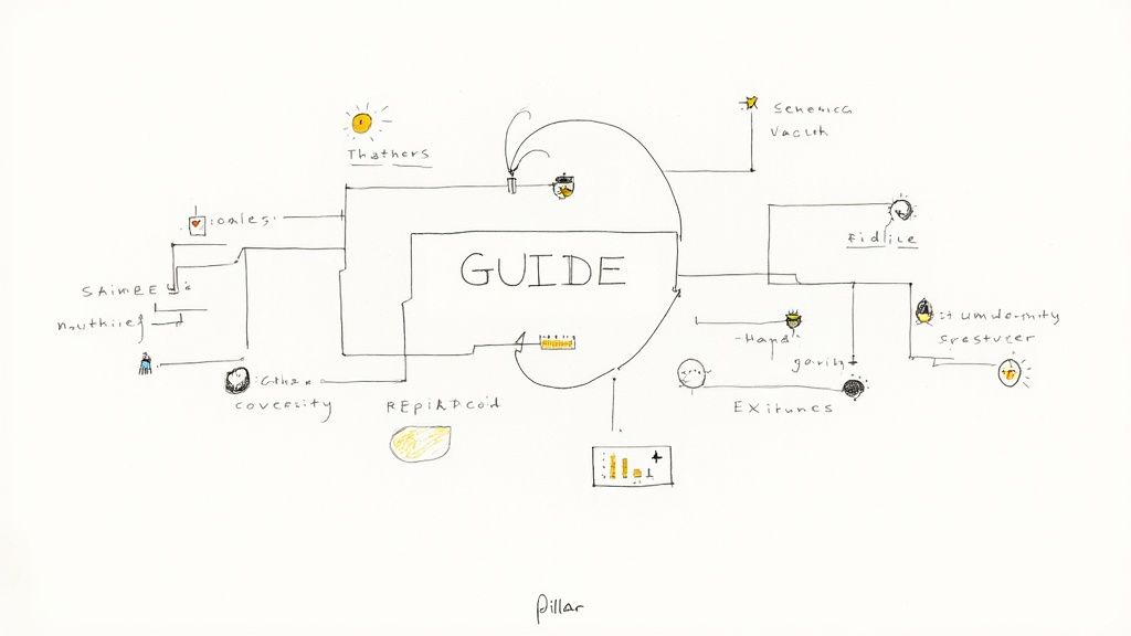 A hand-drawn conceptual diagram illustrating a central ‘GUIDE’ connected to various labeled elements.