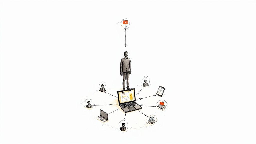 An illustration of a man standing on a laptop, connected to other people and devices, symbolizing networking.
