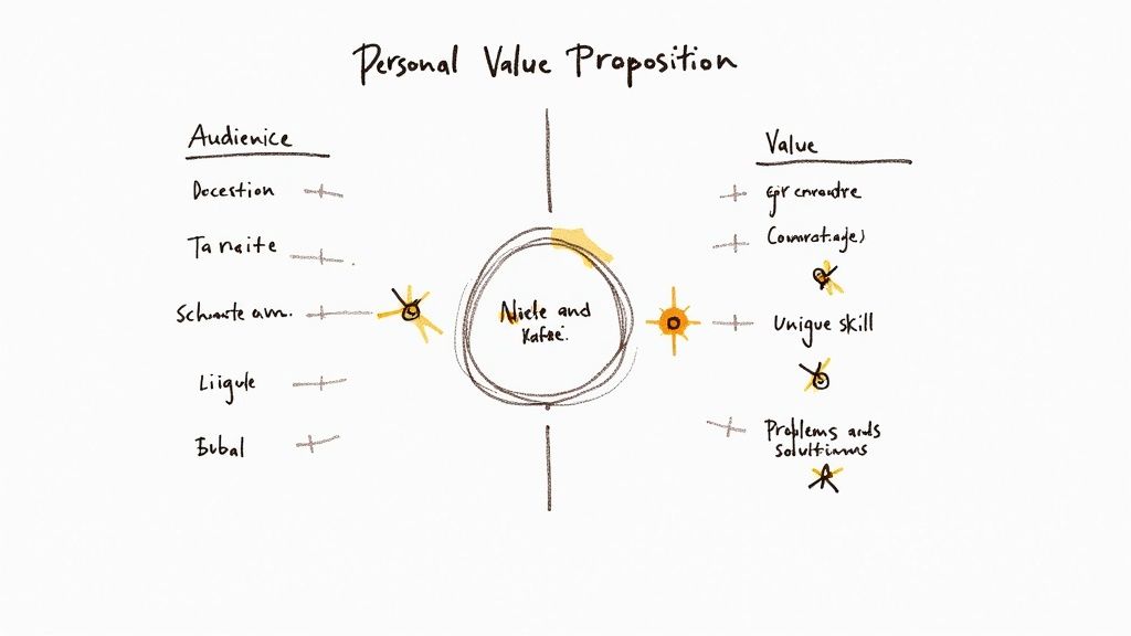 A handwritten diagram illustrates a personal value proposition, outlining audience segments and corresponding value offerings.